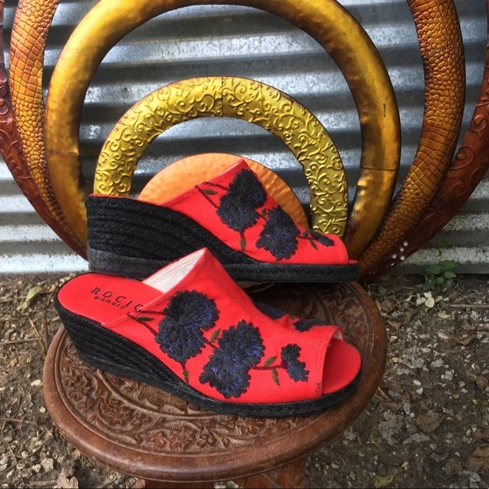 Neiman Marcus Floral Red and Black Wedges